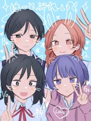  4girls :d :| behind_another black_eyes black_hair black_sweater_vest blue_background blue_eyes blue_hair blunt_bangs braid brown_eyes brown_hair closed_mouth commentary_request drawn_ears drawn_whiskers forehead fujii_ayame futsuu_no_keion-bu group_name hair_ornament hairpin hand_up hatono_chihiro heart heartbreak_(futsuu_no_keion-bu) hood hood_down hoodie kotsume_(come_co2) kouyama_rin light_smile long_hair multicolored_hair multiple_girls neck_ribbon open_mouth parted_bangs pixie_cut purikura purple_hair purple_hoodie red_ribbon ribbon short_hair smile star_(symbol) sweater_vest twin_braids twintails two-tone_hair uchida_momo v wolf_cut 