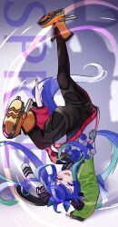  1girl @_@ absurdres ahoge animal_ears animal_hood aqua_hair awai_chitose black_bodysuit black_nails blue_hair bodysuit bodysuit_under_clothes boots bow breakdance commentary crossed_bangs drawstring hair_bow handstand heterochromia highres hood hoodie horse_ears horse_girl horse_tail long_hair long_sleeves looking_at_viewer multicolored_hair multicolored_hoodie nail_polish one_arm_handstand open_mouth pink_eyes rabbit_hood shadow sharp_teeth sidelocks solo squinting striped_bow stuffed_animal stuffed_rabbit stuffed_toy tail teeth twin_turbo_(blast_mode!_turbo_engine)_(umamusume) twin_turbo_(umamusume) twintails two-tone_hair umamusume upper_teeth_only upside-down very_long_hair violet_eyes yellow_boots 