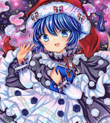  1girl apron black_dress blue_eyes blue_hair book doremy_sweet dress hat holding holding_book marker_(medium) open_mouth pom_pom_(clothes) red_hat rui_(sugar3) sample_watermark smile solo touhou traditional_media watermark white_apron 