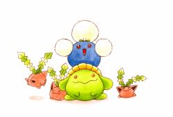  :d evolutionary_line eye_contact hoppip jumpluff looking_at_another looking_at_viewer nekomiso no_humans pokemon pokemon_(creature) red_eyes simple_background skiploom smile white_background 