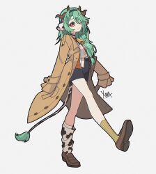  1girl absurdres animal_ears bell black_hairband black_skirt brown_coat brown_shoes closed_mouth coat commentary cow_ears cow_girl cow_horns cow_tail cowbell crelly_parfait english_commentary eyelashes fang full_body green_hair hair_ornament hair_over_one_eye hair_over_shoulder hairband hairclip highres horns indie_virtual_youtuber long_hair long_sleeves mismatched_socks mole mole_under_mouth neck_bell open_clothes open_coat shirt shoes signature simple_background skin_fang skirt sleeves_past_fingers sleeves_past_wrists smile solo tail virtual_youtuber white_background white_shirt xarakura_xara 