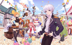  6+boys 6+girls absurdres anais_del_caril anniversary apple aqua_hair aqua_shirt ascot bare_arms bare_shoulders barrel beer_mug belt benya_(tales_weaver) black-framed_eyewear black_belt black_boots black_cat black_coat black_cross_tie black_fur black_gloves black_pants black_shirt black_shoes black_shorts black_sleeves black_tail black_vest blue_ascot blue_bodysuit blue_bow blue_dress blue_eyes blue_headband blue_shirt blue_sky bodysuit boots bow bowl box braid breasts brown_boots brown_coat brown_gloves brown_hair brown_pants brown_pupils cake candle cart cat center_frills choker cloe_da_pontina closed_eyes closed_mouth coat coat_bow collared_shirt colored_sclera confetti cotton_candy crop_top cropped_shirt cross-laced_clothes cross-laced_top cross_tie crossed_legs cup day dress drill_hair drill_sidelocks earrings english_commentary fingernails fisheye flats flower food food_stand footwear_bow frills fruit gift gift_box glasses gloves grapes green_dress green_eyes green_hairband grey_eyes grey_hair grey_pupils hair_flower hair_intakes hair_ornament hairband half_updo hand_fan hand_on_own_hip headband high_collar high_ponytail highres holding holding_fan holding_ice_cream_cone holding_plate ice_cream ice_cream_cone ice_cream_stand impasto isaac_ducastel jellyppi jewelry joshua_von_arnim lamppost lanziee_rozen_kranz layered_dress layered_sleeves leg_wrap long_dress long_sidelocks long_sleeves lucian_kaltz mary_janes maximin_liebkne medium_breasts medium_dress medium_hair midriff mila_nebraska mug multiple_boys multiple_girls navel nayatrei necklace nexon nocturne_de_vien number_candle off-shoulder_dress off-shoulder_shirt off_shoulder official_art on_barrel one_eye_closed open_hands open_mouth orange_eyes orange_hair orange_sleeves outdoors pants parted_bangs pennant petticoat pince-nez pink_dress pink_hair plain_epaulettes plate poet_shirt ponytail popped_collar presenting princess princess_dress princess_outfit profile puffy_shorts red_bow red_eyes red_hair red_pupils red_ribbon ribbon ribbon-trimmed_socks ribbon_trim round_eyewear sang_ah_yoon shirt shoes short_over_long_sleeves short_sleeves shorts sidelocks sitting sivelin_uuo skull_earrings skull_necklace sky sleeve_cuffs sleeveless sleeveless_shirt smile socks standing strapless strapless_dress strawberry table tales_weaver teeth thigh_boots tichiel_juspian torn_clothes torn_shirt town turtleneck undershirt upper_teeth_only vending_cart vest waistcoat wavy_hair whip white_bow white_choker white_coat white_dress white_flower white_hair white_sleeves white_socks wide_sleeves wing_collar wooden_cup wrist_belt yellow_eyes yellow_sclera yellow_trim 