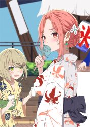  2girls absurdres animal_print blonde_hair blush breasts candy_apple cup earrings eating festival fish_print floral_print floral_print_kimono flower food green_eyes hair_bun hair_flower hair_ornament heaven_burns_red highres holding holding_cup irene_redmayne japanese_clothes jewelry kimono large_breasts looking_at_viewer looking_to_the_side maria_de_angelis multiple_girls obi open_mouth orange_eyes outdoors pink_hair print_kimono red_eyes red_hair robe sash short_hair summer_festival takato_(takato_kwhra) white_kimono wide_sleeves yellow_kimono yukata 