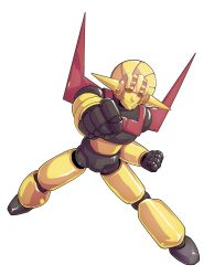  alphes_(style) clenched_hands closed_mouth commentary_request dairi full_body highres hisou_tensoku hollow_eyes incoming_attack incoming_punch large_variant_set legs_apart mecha mecha_focus no_humans parody punching robot rocket_punch solo spikes style_parody tachi-e touhou variant_set wings 