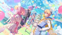  +_+ 2boys 3girls :d ;d ahoge alternate_costume animal_ears aqua_eyes artist_name balloon belt black_belt blonde_hair blue_hair blue_sky blue_thighhighs boots cat_ears center_frills clouds commentary_request dress frills green_hair grin guest_art hair_between_eyes hat hatsune_miku highres juliet_sleeves kamishiro_rui kusanagi_nene long_sleeves matching_outfits momoiro_oji multicolored_hair multiple_boys multiple_girls official_art one_eye_closed ootori_emu orange_eyes outstretched_arm pink_eyes project_sekai puffy_sleeves purple_hair second-party_source shirt sidelocks signature single_thighhigh sky smile streaked_hair teeth tenma_tsukasa thigh-highs tongue twintails two-tone_hair upper_teeth_only violet_eyes vocaloid white_boots white_dress white_hat white_shirt wonderlands_x_showtime_(project_sekai) wonderlands_x_showtime_miku yellow_eyes 