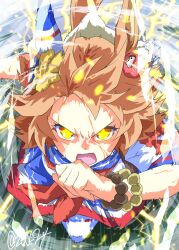  +_+ 1girl animal_ears bead_bracelet beads bracelet clenched_hand daruma_doll_hair_ornament ear_covers ear_ornament floating_hair forehead hair_ornament hand_up highres horse_ears horse_girl horse_tail jewelry lightning matikanefukukitaru_(rising_fortune)_(umamusume) matikanefukukitaru_(umamusume) motion_blur neckerchief open_mouth orange_hair red_neckerchief running sailor_collar school_uniform serafuku serious shirt short_hair signature single_ear_cover skirt solo tail thigh-highs umamusume v-shaped_eyebrows white_shirt yellow_eyes zukki_(bijitaru) 