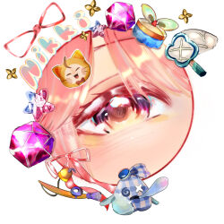  1girl ^_^ ahoge animal blush_stickers bow bowtie brown_eyes butterfly_net cat character_name chinese_commentary close-up closed_eyes clothed_animal coin commentary_request diamond_(gemstone) ear_covers esseling_(infinity_nikki) eye_focus eyelashes fishing_rod gem gold_coin hair_brush hand_net happy head_only highres hood hood_up infinity_nikki light_blush long_hair looking_at_viewer momo_(nikki) nikki_(nikki) nikki_(series) open_mouth pink_gemstone pink_hair pink_ribbon red_bow red_bowtie ribbon sad_sack_(infinity_nikki) smile star_(symbol) threeheart22789 traditional_bowtie whimstar_(infinity_nikki) whiskers white_background white_cat yellow_hood 