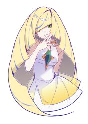  1girl absurdres bare_shoulders blonde_hair breasts dress gem green_eyes green_gemstone grin hair_over_one_eye highres long_hair looking_at_viewer lusamine_(pokemon) mature_female open_mouth pkm_lemon pokemon pokemon_sm simple_background sleeveless sleeveless_dress smile solo upper_body very_long_hair white_background white_dress 
