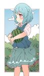  1girl absurdres blue_eyes blue_hair blue_skirt blue_sky blue_vest closed_mouth clouds eyebrows_visible_through_hair food fruit heterochromia highres holding holding_food kamotsu_yasai red_eyes shirt short_hair short_sleeves skirt sky smile solo standing tatara_kogasa touhou vest watermelon white_shirt 