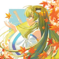  1girl autumn autumn_leaves bad_apple!! bamboo_broom bare_shoulders blue_sky border broom collared_shirt detached_sleeves frog_hair_ornament from_side green_eyes green_hair hair_ornament hair_tubes kochiya_sanae leaf long_hair long_sleeves open_mouth partyu shirt signature single_hair_tube single_sidelock sky sleeveless sleeveless_shirt solo touhou upper_body wide_sleeves 