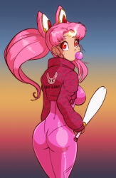  1girl aged_up ass back bishoujo_senshi_sailor_moon bodysuit bow breasts chewing_gum chibi_usa cone_hair_bun crescent crescent_facial_mark cropped_jacket earrings facial_mark gradient_background hair_bun highres jacket jewelry large_breasts looking_back pink_bodysuit pink_hair pink_jacket red_eyes sailor_chibi_moon sailor_collar scorpdk solo stud_earrings twintails 