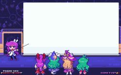  5girls artist_name asakura_rikako blonde_hair bow bowtie capelet chibi comet_summoner98 commission dress english_text from_behind ghost_tail glasses green_hair hair_bow hair_ribbon hair_tubes hakurei_reimu hakurei_reimu_(pc-98) hat hat_bow japanese_clothes kazami_yuuka kazami_yuuka_(pc-98) kirisame_marisa kirisame_marisa_(pc-98) lab_coat long_hair long_sleeves miko mima_(touhou) multiple_girls open_mouth pants pixel_art pixiv_commission plaid_clothes plaid_pants plaid_vest pointer purple_dress purple_hair purple_hat red_bow red_eyes red_hair ribbon skirt smile touhou touhou_(pc-98) vest whiteboard wide_sleeves witch_hat yellow_bow 