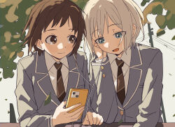  2girls aoba_moca bang_dream! blue_eyes brown_eyes brown_hair brown_necktie coldcat. commentary diagonal-striped_clothes diagonal-striped_necktie earphones grey_jacket haneoka_school_uniform hazawa_tsugumi highres jacket long_sleeves multiple_girls necktie open_mouth power_lines school_uniform shared_earphones short_hair striped_clothes symbol-only_commentary upper_body 