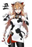  1girl :3 :d ahoge animal_costume animal_ears animal_print bangs bare_shoulders bell black_legwear braid breasts brown_hair chinese_zodiac collar cow_costume cow_ears cow_horns cow_print cow_tail cowbell detached_sleeves dress ear_tag eyelashes eyeliner fake_animal_ears fake_horns fangs fur_trim fushimi_gaku hair_between_eyes hair_flaps hair_ornament hairband hands_up highres horns index_finger_raised long_hair looking_at_viewer low-braided_long_hair makeup mole mole_under_eye nail_polish neck_bell nijisanji o-ring open_mouth pantyhose pink_nails pom_pom_(clothes) pom_pom_hair_ornament print_dress short_dress side_slit simple_background slit_pupils smile tail twin_braids twintails v very_long_hair virtual_youtuber white_background yatozume year_of_the_ox yellow_eyes 