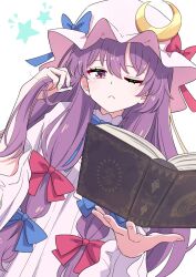  1girl book bow crescent crescent_hat_ornament dress floating floating_book floating_object hair_bow haruki_reimari hat_ornament long_hair looking_at_viewer multiple_hair_bows one_eye_closed open_book patchouli_knowledge purple_hair solo striped_clothes striped_dress touhou violet_eyes white_background 