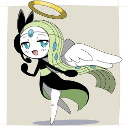  :d angel_wings black_dress blue_eyes colored_skin dress full_body green_hair half-closed_eyes halo hashtag-only_commentary highres ino_eye long_hair looking_at_viewer meloetta meloetta_(aria) open_mouth pokemon pokemon_(creature) pokemon_focus smile solo white_skin wings 