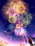  1girl absurdres architecture bird building cityscape commentary east_asian_architecture facing_away fireworks from_behind highres japanese_clothes kimono long_sleeves looking_up makoron117117 original outdoors scenery sky solo torii white_bird wide_sleeves 