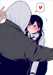  1boy 1girl absurdres black_choker black_dress black_hair black_jacket blush chainsaw_man choker commentary_request dress ear_blush facing_another flying_sweatdrops heart hetero higashiyama_kobeni highres hood hood_up imminent_hug jacket moina mole mole_under_eye multiple_moles nose_blush shirt simple_background spoken_heart violence_fiend_(chainsaw_man) white_background white_shirt 