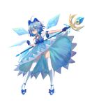  1girl abi_(user_nzav7333) absurdres ahoge blue_dress blue_eyes blue_hair bow cirno dress full_body gloves hair_bow highres holding ice ice_wings mary_janes puffy_short_sleeves puffy_sleeves red_ribbon ribbon shoes short_hair short_sleeves solo thigh-highs touhou white_background white_legwear wings 