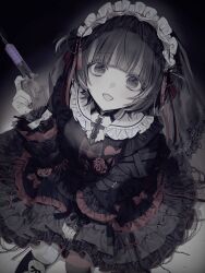  1girl absurdres asymmetrical_legwear black_dress black_eyes black_hair black_veil dress frilled_dress frilled_hairband frilled_sleeves frills gauze_on_knee hairband highres hinomiya_shou holding holding_syringe lace lace_sleeves layered_dress layered_sleeves lolita_fashion looking_at_viewer mismatched_legwear muted_color original red_ribbon ribbon short_hair sitting smile solo syringe veil white_hairband 