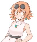  1girl alternate_hairstyle bare_shoulders blush bracelet dress earrings eyebrows_visible_through_hair eyewear_on_head grin hand_on_hip jewelry looking_at_viewer mizusoba necklace no_hat no_headwear no_jacket orange_hair sleeveless smile solo sunglasses touhou yorigami_jo&#039;on 