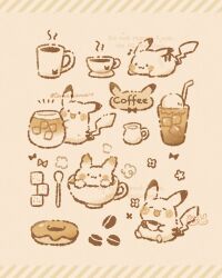  brown_background brown_theme closed_eyes coffee coffee_beans coffee_mug commentary_request cup doughnut drinking_straw flower food highres ice ice_cream mug no_humans pikachu pokemon pokemon_(creature) simple_background smile spoon sugar_cube temariame14 twitter_username 