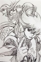  ass black_boots black_hairband boots breasts couple cyborg cyborg_009 dynamic_pose francoise_arnoul greyscale gun hair_over_one_eye hairband hjnmcdem0y57734 holding holding_gun holding_hands holding_weapon huge_ass long_hair looking_at_viewer medium_breasts monochrome scarf shimamura_joe short_hair soldier weapon white_scarf 