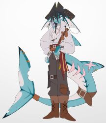  1other :&lt; belt black_hair black_hat blue_fur boots braid brown_boots cetacean_tail collared_shirt earrings fang fins fish_tail full_body grey_pants hat head_fins highres jewelry looking_at_viewer open_clothes open_shirt pants personification pirate pirate_hat pokemon pokemon_(creature) red_eyes red_sash sash scar seripu shirt simple_background solo standing tail vaporeon white_background white_shirt 
