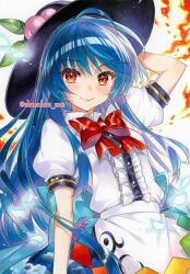  1girl blue_hair blue_skirt blush bow bowtie chacham closed_mouth commentary_request hand_on_own_hat hinanawi_tenshi long_hair looking_at_viewer peach_hat_ornament red_bow red_bowtie red_eyes shirt short_sleeves skirt smile solo touhou traditional_media twitter_username white_shirt 