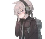  1girl american_flag backpack bag bangs black_gloves black_necktie blush brown_jacket closed_mouth cowlick girls_frontline gloves grey_hair hair_between_eyes headset highres hood hood_down hooded_jacket jacket long_sleeves low_ponytail m200_(girls&#039;_frontline) necktie origumi ponytail shirt sidelocks signature simple_background solo upper_body violet_eyes white_background white_shirt zipper 