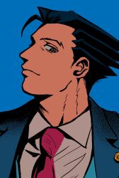 1boy ace_attorney black_hair blue_suit formal_clothes highres male_focus necktie phoenix_wright red_necktie salmonroe13 solo spiky_hair suit upper_body 