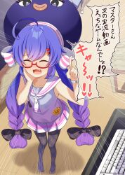  1girl ^_^ ahoge ascot black_bow black_pantyhose blue_hair blue_hat blush bow bracelet braid chaakusu closed_eyes collarbone commentary_request computer_keyboard dress eel_hat emphasis_lines fang from_above full_body glasses gradient_clothes gradient_dress gradient_hair grey_dress hair_bow hair_ornament hairclip hand_on_own_cheek hand_on_own_face hat hat_ribbon highres index_finger_raised indoors jewelry large_hat long_hair low-braided_long_hair low-tied_long_hair low_twintails mortarboard multicolored_dress multicolored_hair no_shoes open_mouth otomachi_una otomachi_una_(talkex) pantyhose pink_dress plaid_bow plaid_pantyhose pleated_dress purple_hair red-framed_eyewear ribbon sailor_collar semi-rimless_eyewear sleeveless sleeveless_dress smile solo speech_bubble standing talkex translation_request twintails under-rim_eyewear very_long_hair voiceroid white_ascot white_sailor_collar 