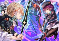  3girls beret black_jacket black_pantyhose blonde_hair breasts building city cityscape duel_monster earrings frills gloves green_eyes grey_hair gun hat heaven_burns_red holding holding_gun holding_polearm holding_staff holding_sword holding_weapon honeycomb_(pattern) izumi_yuki_(heaven_burns_red) jacket jewelry kayamori_ruka large_breasts long_hair long_sleeves military military_uniform multiple_girls noir_(nowaru) open_mouth pantyhose polearm purple_hair red_eyes rifle shirt short_hair skirt sniper_rifle staff sword tezuka_saki thigh-highs weapon white_gloves white_hair white_skirt yellow_eyes 