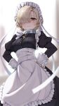  1girl apron as4gi azur_lane backlighting bangs blurry braid braided_bun chain collar commentary_request depth_of_field eyebrows_visible_through_hair hair_bun hair_over_one_eye hair_ribbon hands_on_hips highres light_brown_hair long_hair long_sleeves looking_at_viewer maid maid_apron maid_headdress orange_eyes ribbon sheffield_(azur_lane) sidelocks simple_background smile solo 