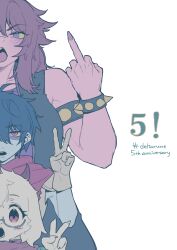  1boy 1girl 1other absurdres ahoge alternate_breast_size_(larger) anniversary armlet armor armored_gloves armpit_crease bare_arms bare_shoulders black_coat black_mouth blue_hair blue_skin bracelet breasts coat colored_sclera colored_skin colored_teeth commentary_request copyright_name deltarune fewer_digits fingernails freckles furry furry_female furry_male gloves goat_boy grey_armor grey_gloves hair_between_eyes hair_flaps hand_under_clothes hand_under_shirt highres horns jewelry komugiko_(bitte_komu) kris_(dark_world)_(deltarune) kris_(deltarune) large_breasts long_hair looking_at_viewer middle_finger open_clothes open_coat open_mouth pink_eyes pink_scarf pink_skin purple_hair purple_horns purple_shirt purple_trim ralsei reptile_girl scarf shaded_face sharp_fingernails shirt short_hair shoulder_armor simple_background sleeveless sleeveless_coat sleeveless_shirt spiked_armlet spiked_bracelet spikes straight-on susie_(dark_world)_(deltarune) susie_(deltarune) tareme teeth tongue tsurime upper_body upper_teeth_only utdr_(toby_fox) v violet_eyes white_background white_fur yellow_sclera yellow_teeth 