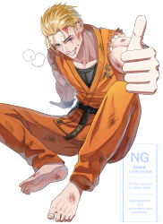  1boy aosa_(jmzg2528) barefoot belt black_belt blonde_hair blood blood_on_face blue_eyes bruise bruise_on_arm bruised_eye collarbone dougi grin hair_slicked_back heavy_breathing highres injury looking_at_viewer male_focus martial_arts_belt muscular muscular_male one_eye_closed orange_dougi ryou_sakazaki ryuuko_no_ken short_hair simple_background sitting smile solo sweatband the_king_of_fighters thumbs_up white_background wristband 