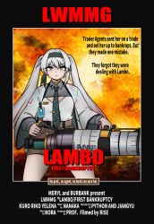  1girl absurdres aprf aqua_eyes belt brown_shorts character_name closed_mouth collared_shirt cowboy_shot english_commentary english_text girls&#039;_frontline_neural_cloud girls_frontline gradient_hair grey_hair hair_between_eyes hairband highres holding holding_cannon holding_weapon id_card lam_(neural_cloud) long_hair long_sleeves looking_at_viewer lwmmg_(girls&#039;_frontline) movie_poster multicolored_hair necktie pink_hair rambo shirt shorts solo thighs twintails weapon 