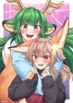  2girls absurdres animal_ear_fluff animal_ears annytf antlers artist_name bangs blunt_bangs blush brown_eyes brown_hair commentary commission covered_navel english_commentary eyebrows_visible_through_hair fox_ears green_eyes green_hair hair_between_eyes hair_ornament haruka_karibu highres indie_virtual_youtuber long_hair long_sleeves looking_at_viewer multiple_girls open_mouth second-party_source shinomiya_arts star_(symbol) star_hair_ornament tail teeth tongue twitter_username very_long_hair virtual_youtuber watermark 