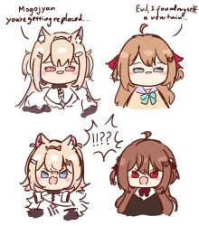  absurdres animal_ear_fluff animal_ears aqua_bow aqua_bowtie bandaid bandaid_hair_ornament belt black_collar bow bowtie collar dog_ears dog_girl dog_tail evil_neuro-sama fake_horns frilled_shorts frills fuwawa_abyssgard fuwawa_abyssgard_(1st_costume) green_bow green_bowtie hair_ornament hairband highres hololive hololive_english horn_hairband horns indie_virtual_youtuber jessciaronie mococo_abyssgard mococo_abyssgard_(1st_costume) neuro-sama pink_belt pink_hairband red_bow red_bowtie shorts siblings sisters tail twins vedal_ai virtual_youtuber x_hair_ornament 