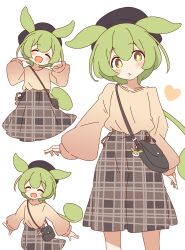  1girl :d :o ^_^ absurdres alternate_costume animal_ears black_hat blush bright_pupils brown_shirt brown_skirt closed_eyes dot_nose double-parted_bangs feet_out_of_frame green_hair hands_up hat heart highres long_hair long_sleeves looking_at_viewer multiple_views open_mouth plaid_clothes plaid_skirt shirt simple_background skirt smile standing unmoving_pattern voicevox white_background white_pupils yellow_eyes zundamon zundamon_(utau) zungurimukkuri_tarou 