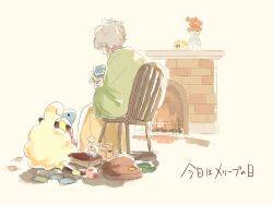  1girl book bow brown_bag camera chair fireplace flower green_shawl indoors kura_(shironagasu02) mareep old old_woman photo_(object) pink_bow pokemon pokemon_(creature) shawl sitting smile vase 