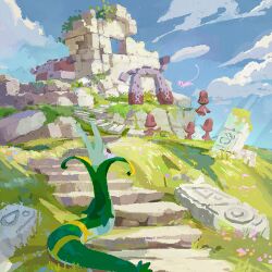 arm_up artist_request beheeyem blue_sky closed_mouth clouds day floating grass landscape mew mew_(pokemon) nature no_humans official_art outdoors pokemon pokemon_(creature) pokemon_focus pokemon_tcg pokemon_tcg_pocket red_eyes ruins serperior sky smile stonjourner third-party_source white_eyes