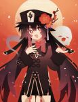  1girl black_nails brown_hair chinese_clothes coat flat_chest flower flower-shaped_pupils gagyogava genshin_impact ghost hat highres hu_tao_(genshin_impact) jewelry looking_at_viewer open_mouth plum_blossoms porkpie_hat ring simple_background symbol-shaped_pupils twintails 