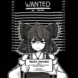  1girl absurdres ahoge bare_shoulders bow character_name detached_sleeves english_text frilled_bow frills greyscale hair_bow hair_tubes hakurei_reimu hayoibu height_chart height_mark highres holding holding_sign jitome looking_at_viewer medium_hair monochrome mugshot sign solo sweatdrop touhou upper_body 