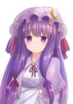  1girl bangs blue_ribbon blush breasts capelet closed_mouth crescent dress eyebrows_visible_through_hair hair_ornament hair_ribbon hat hat_ribbon ichima_(pixiv_29147205) long_hair looking_at_viewer mob_cap neck_ribbon patchouli_knowledge purple_hair red_ribbon ribbon sidelocks solo touhou upper_body very_long_hair violet_eyes white_background 