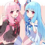  2girls :d bangs bare_shoulders black_dress blue_hair blue_legwear closed_mouth commission dress eyebrows_visible_through_hair hair_ornament holding_hands kochi_michikaze kotonoha_akane kotonoha_aoi long_hair looking_at_viewer multiple_girls open_mouth pink_hair pink_legwear red_eyes seiza sidelocks sitting skeb_commission smile thigh-highs v voiceroid white_dress 