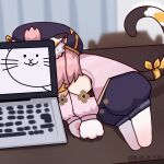  1girl animal_ears animal_hands artist_name cat_(nyanko_daisensou) cat_ears cat_girl cat_tail clothing_cutout computer curtains diona_(genshin_impact) genshin_impact hat laptop ldd.ek lying nyanko_daisensou on_side pantyhose puffy_pants ribbon short_hair solo table tail white_legwear 