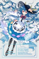  1girl absurdres apron black_hat blue_hair blue_skirt boots bow bowtie brown_boots center_frills closed_mouth commentary dated_commentary frilled_apron frilled_skirt frills full_body grey_background hat highres hinanawi_tenshi lace-up_boots long_hair long_sleeves looking_at_viewer nikorashi-ka peach_hat_ornament red_bow red_bowtie red_eyes shirt simple_background skirt solo touhou waist_apron white_apron white_shirt wide_sleeves 