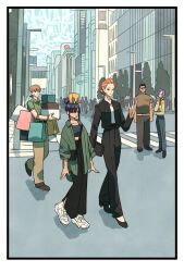  2girls 3boys bag black_hair box brown_hair city conch_(gundam) crop_top earrings gundam gundam_gquuuuuux hair_bun highres holding holding_box jacket jewelry kycilia_zabi long_hair m&#039;quve mole mole_under_mouth multiple_boys multiple_girls non-humanoid_robot nyaan_(gundam_gquuuuuux) orange_hair pants purple_hair road robot shirt shoes shopping_bag single_hair_bun smile sneakers street takeuchi_ryousuke tree updo uragang xavier_olivette 