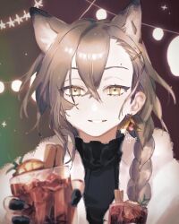  1girl animal_ears arknights black_nails black_shirt braid christmas_lights cinnamon_stick commentary_request cup drinking_glass earrings food food-themed_earrings fruit fur-trimmed_jacket fur_trim garnish grey_hair hair_between_eyes hair_ornament hairpin holding holding_cup jacket jewelry lemon lemon_slice long_hair mole mole_on_forehead mulled_wine one-hour_drawing_challenge parted_lips partial_commentary penance_(arknights) penance_(occasionally_flushed)_(arknights) pov reaching reaching_towards_viewer shirt signature single_braid single_sidelock smile solo straight-on turtleneck turtleneck_shirt ujoe_7hr upper_body white_jacket wolf_ears yellow_eyes 